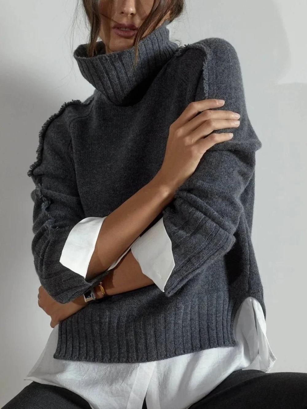 Brochu Walker Jolie Fringe Layered Looker Sweater in Gray Flannel Melange Size M